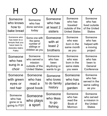 Getting to know you Ward Activity LDS Bingo Card