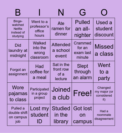 College Life Bingo Card