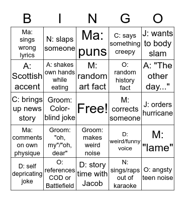 Bachelor Bingo - Zack Bingo Card