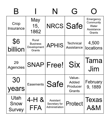 Department of Agriculture Bingo Card