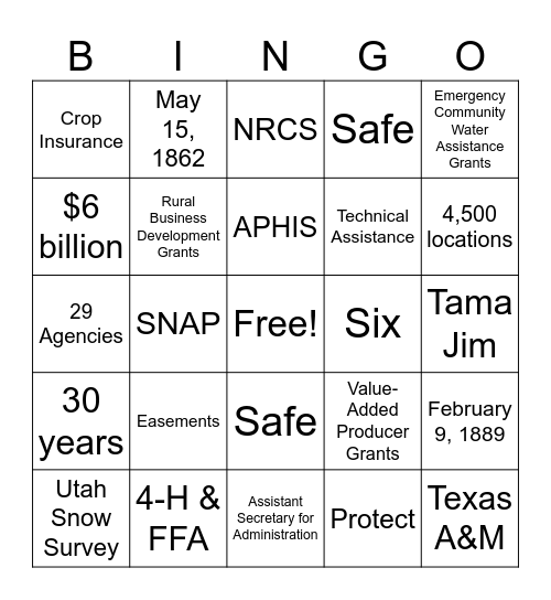 Department of Agriculture Bingo Card