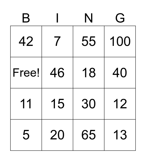 Number Bingo Card