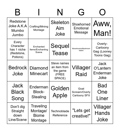 Minecraft Movie Bingo Card