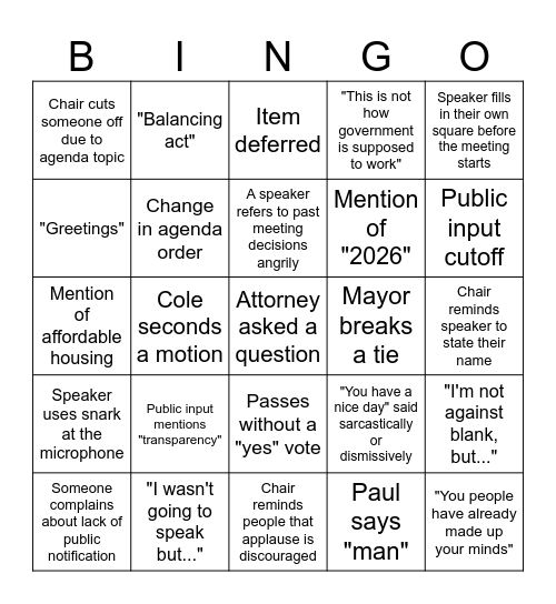 Sioux Falls City Council Bingo Card