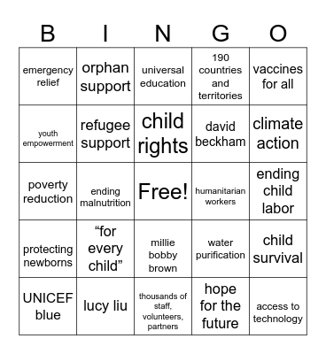 UNICEF BINGO Card