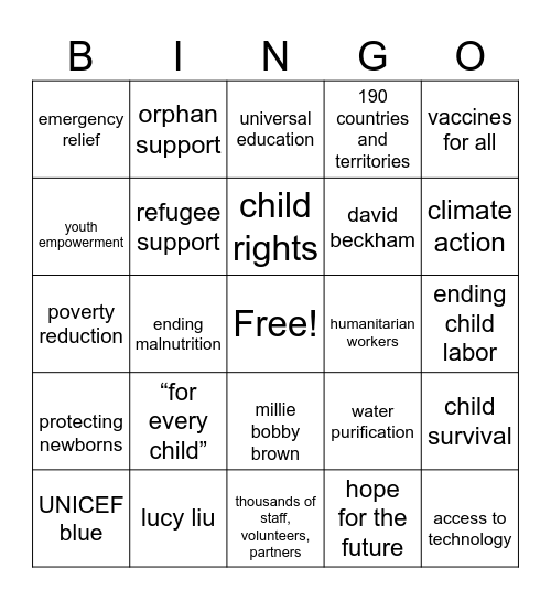 UNICEF BINGO Card
