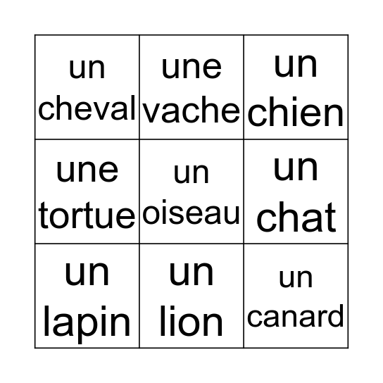 Les animuax Bingo Card