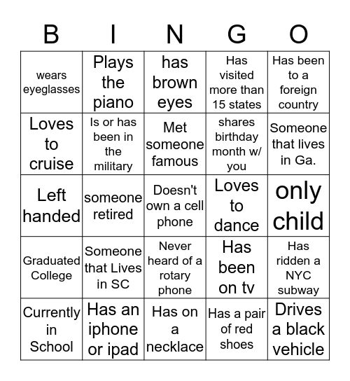 Let's get acquainted Huggins Family Bingo Card