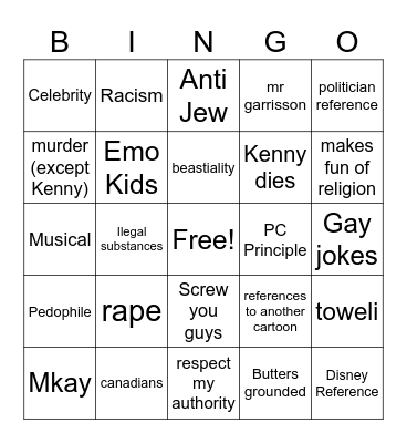 South Park Bingo Card