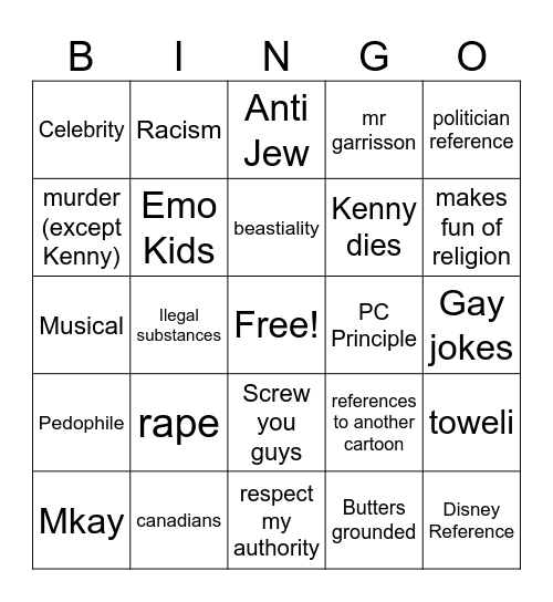 South Park Bingo Card