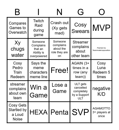 Xylian Cosy Rivals Extravaganza Bingo Card