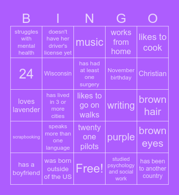 Virginia's Penpal Bingo Card