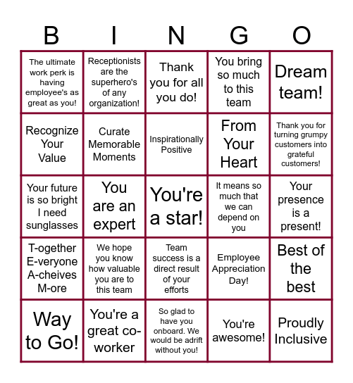 Portico Employee Appreciation Day BINGO Card