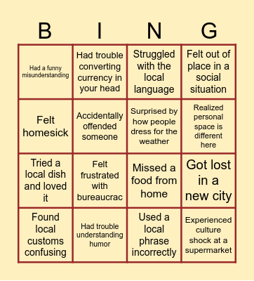 Cultural Bingo Card