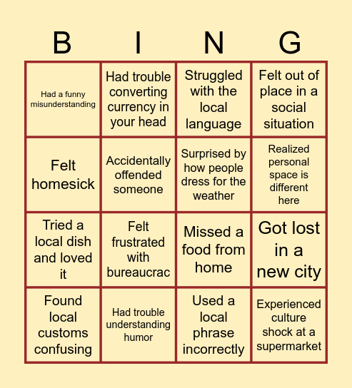Cultural Bingo Card