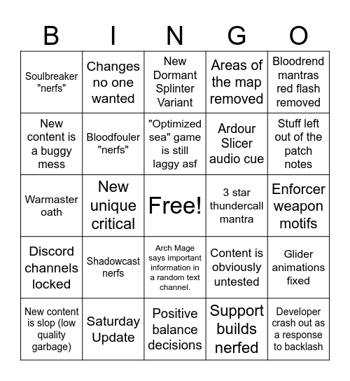 March 7 Weekly Update Bingo Card
