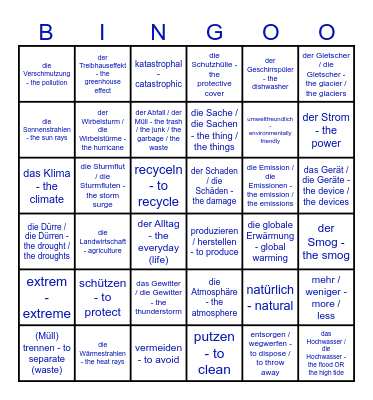 Vokabelbingo - Natur und Klima Bingo Card