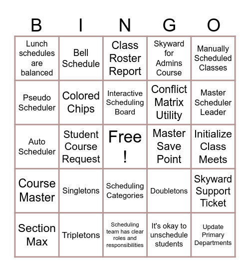 Master Schedule Bingo Card