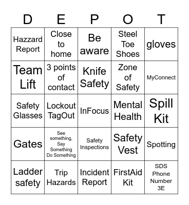 Home Depot Safety Bingo Card