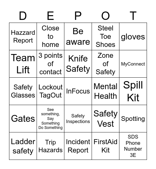 Home Depot Safety Bingo Card