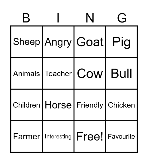 The Farm Bingo Card
