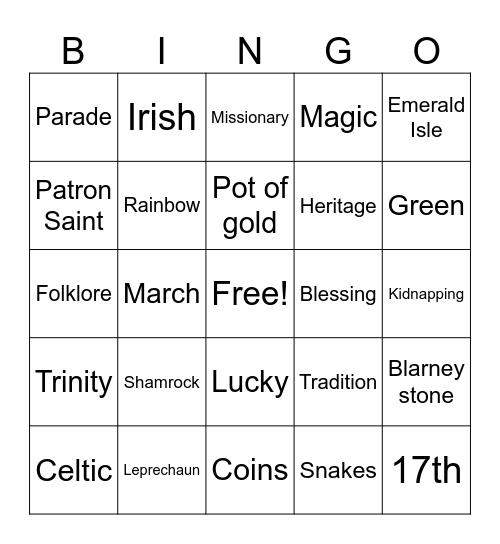 St. Patrick's day Bingo Card