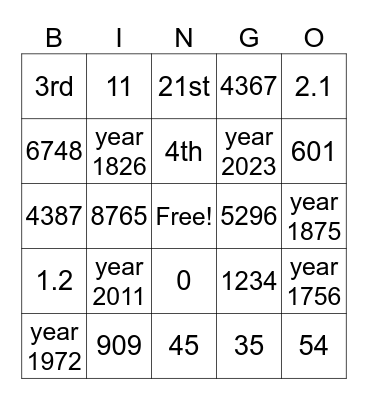 English numbers Bingo Card