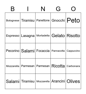 Italian Food Bingo Card