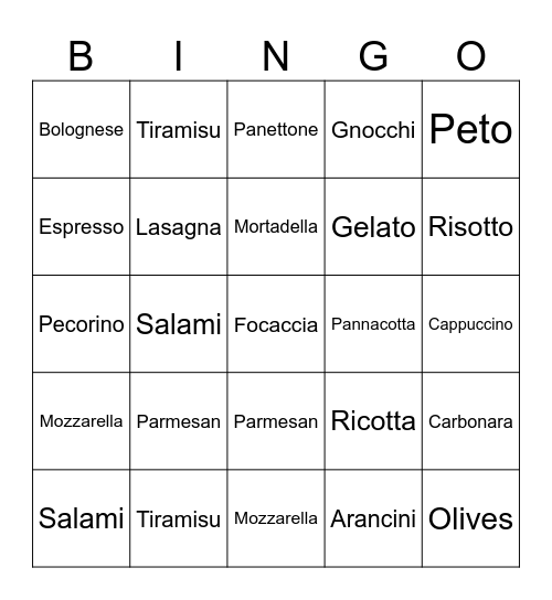 Italian Food Bingo Card