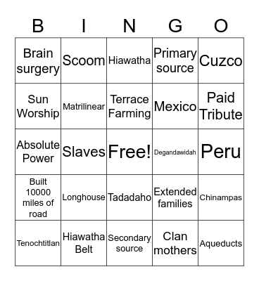 SS 7 Iroquois, Aztec Inca Bingo Card