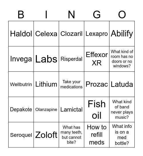 Psychiatric Medication Bingo Card