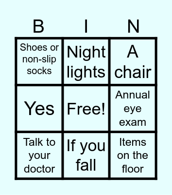 FALL PREVENTION Bingo Card