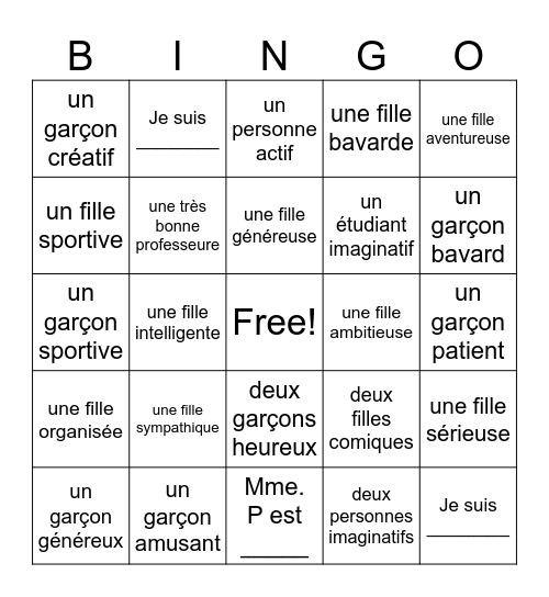 Les Adjectifs Bingo Card