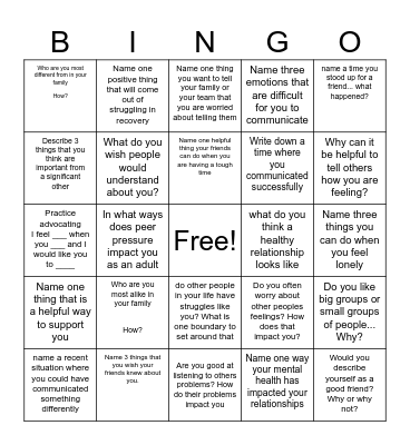 Relationship Bingo Card