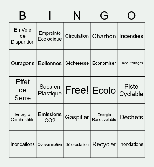 ENVIRONNEMENT Bingo Card