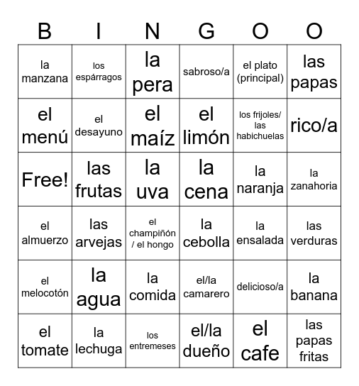 Las comidas, frutas y verduras Bingo Card