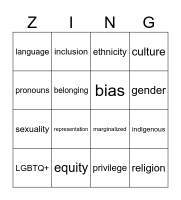 Equity Zing Bingo Card