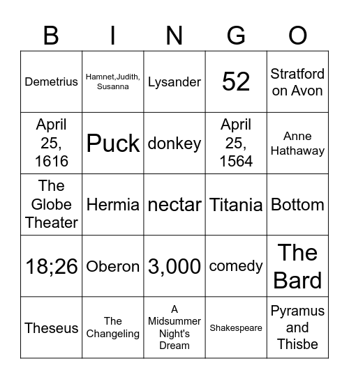 A Midsummer Night's Dream Bingo Card