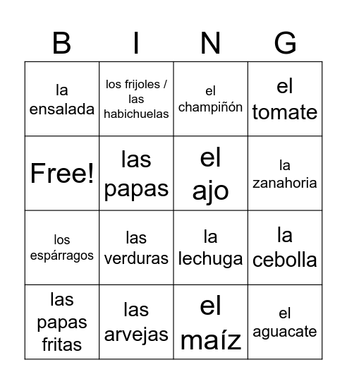 las verduras Bingo Card