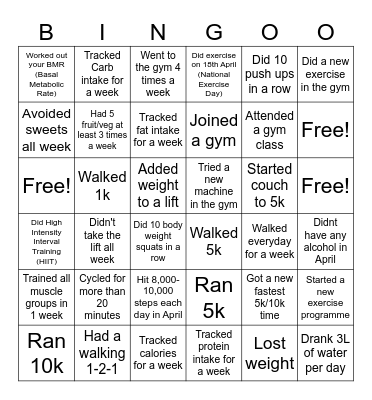 April Physical Wellbeing Bingo Card