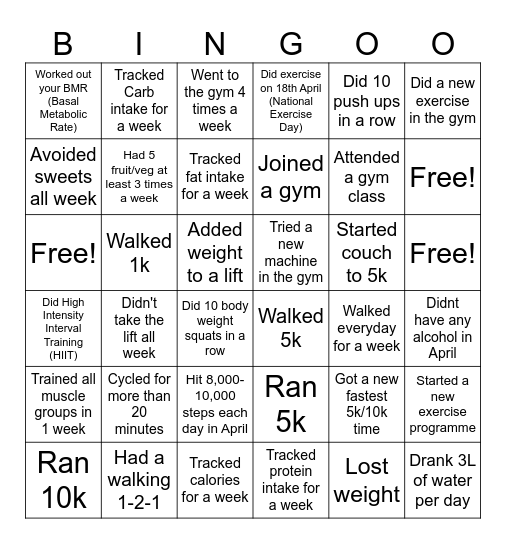 April Physical Wellbeing Bingo Card