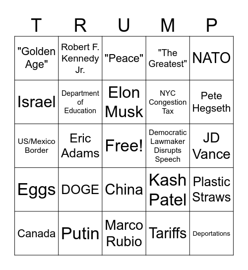 Trump Congressional Address Bingo Card