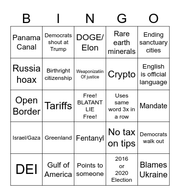 Trump Joint Address 2025 Bingo Card