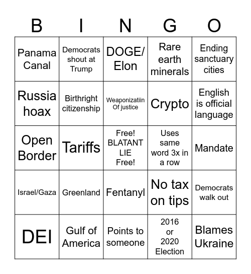 Trump Joint Address 2025 Bingo Card