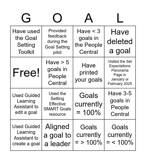 Goal Setting Bingo Card