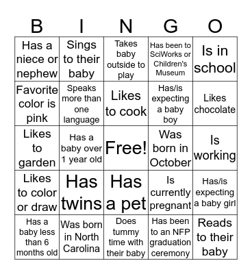 NFP Play Day BINGO Card