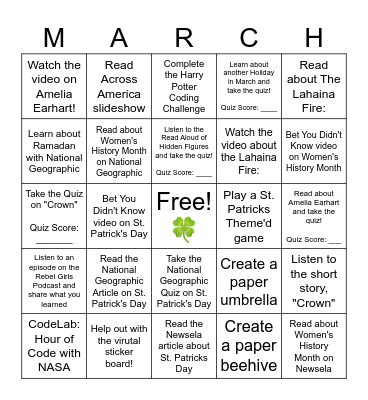🍀 March Choice Board 🍀 Bingo Card