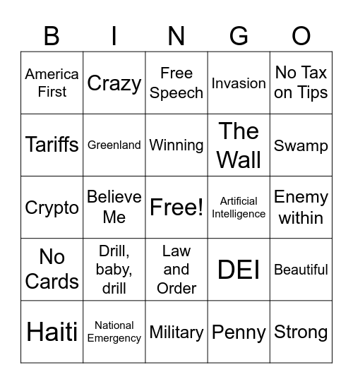 2025 Speech to Congress Bingo Card