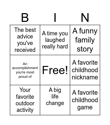 Reminiscence Bingo Card