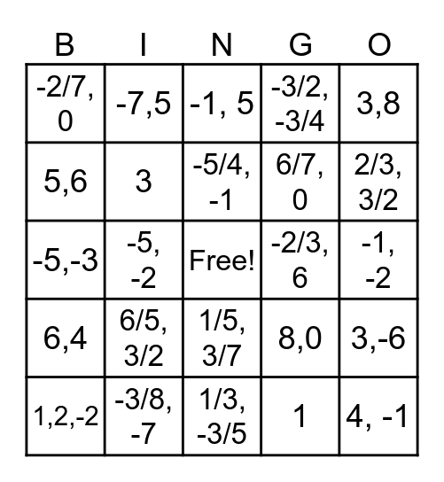 Quadratics Bingo Card